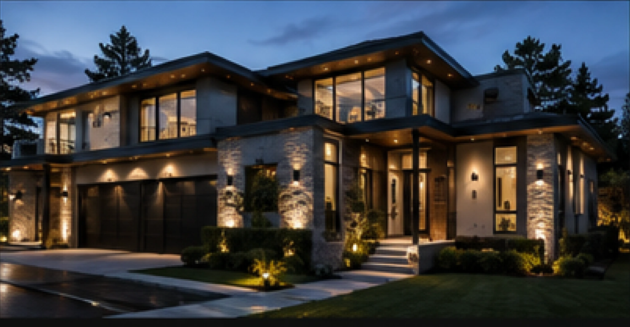 Modern luxury home exterior at dusk