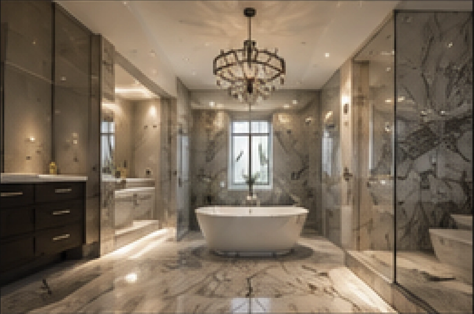 Luxury marble bathroom with freestanding bathtub