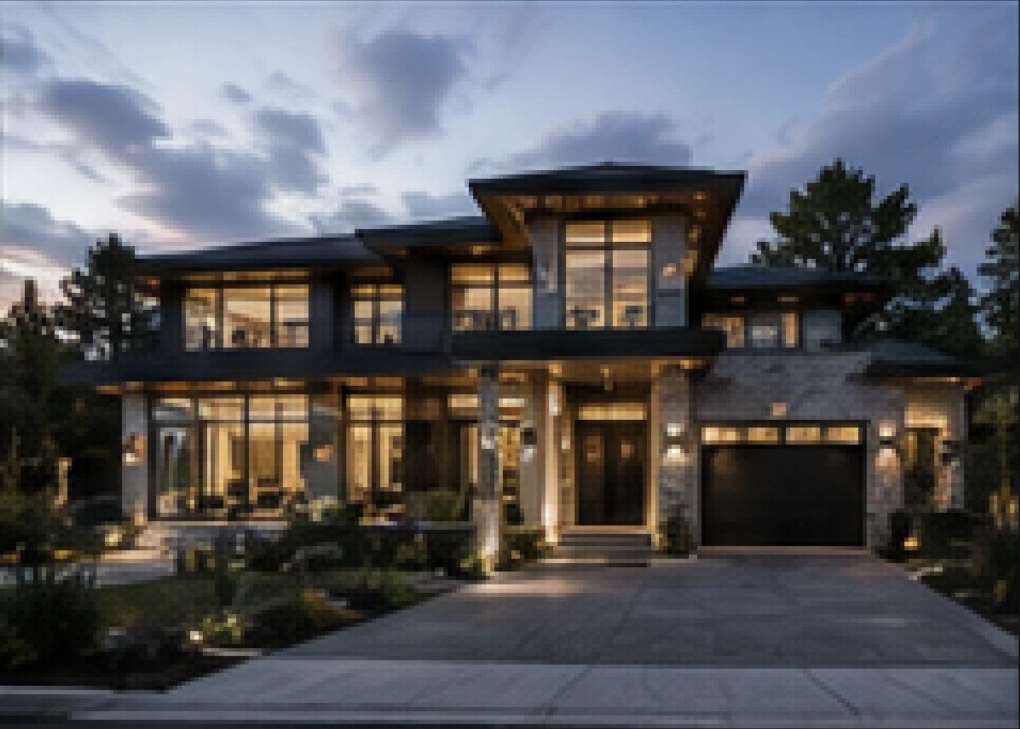 Modern luxury home front elevation at blue hour