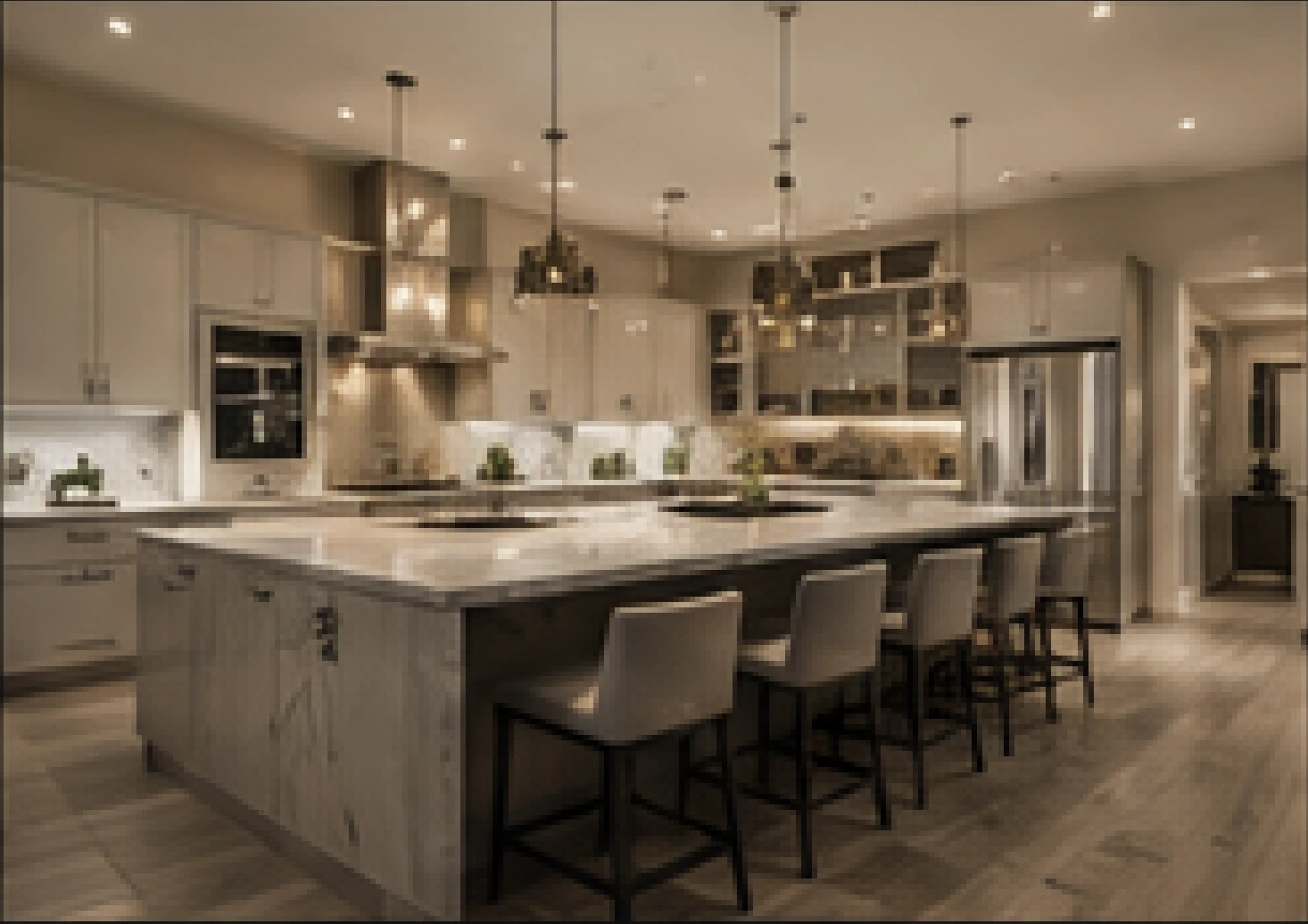 High-end kitchen with large island and pendant lighting