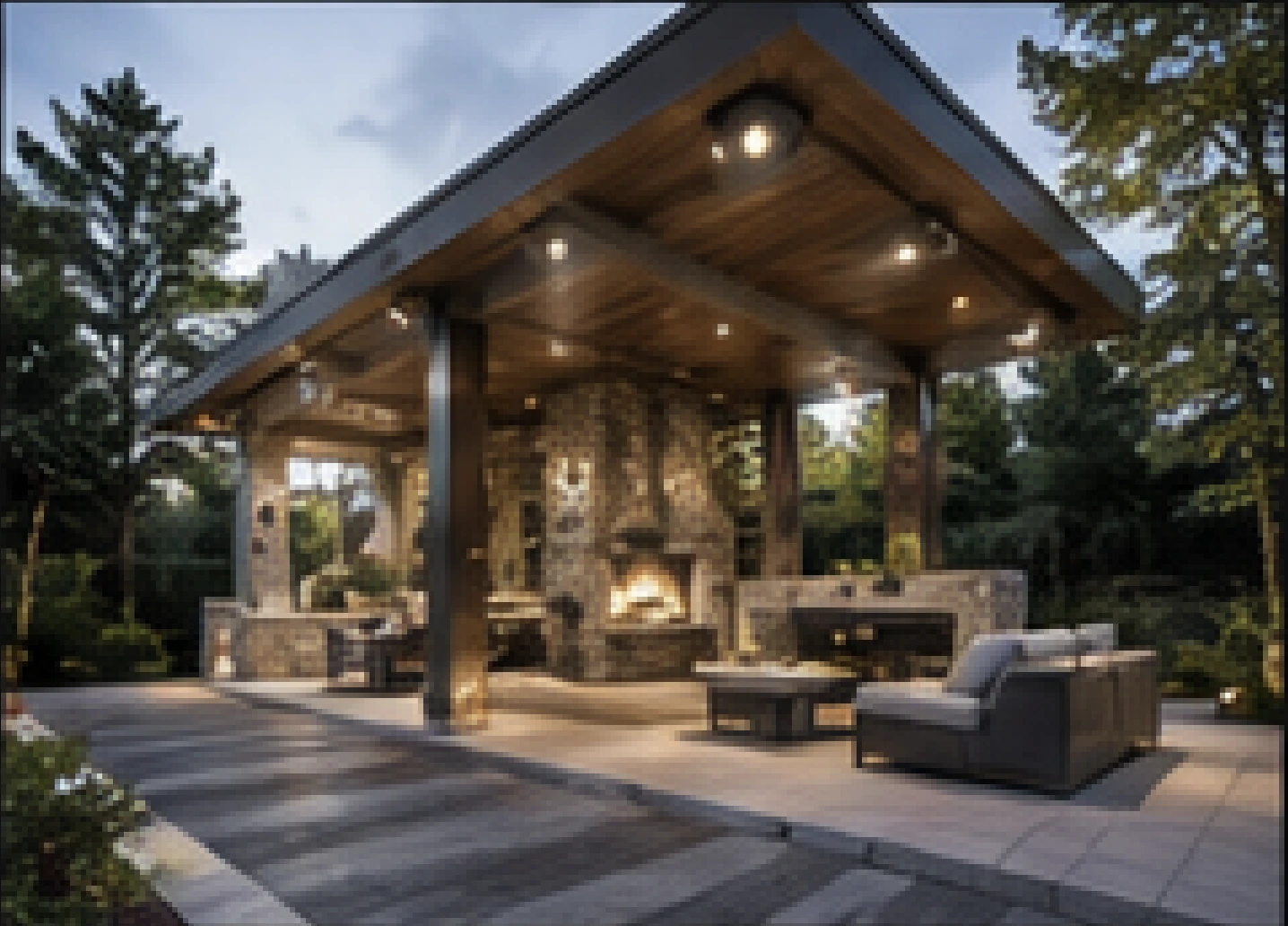 Luxury outdoor pavilion with fireplace and lounge seating