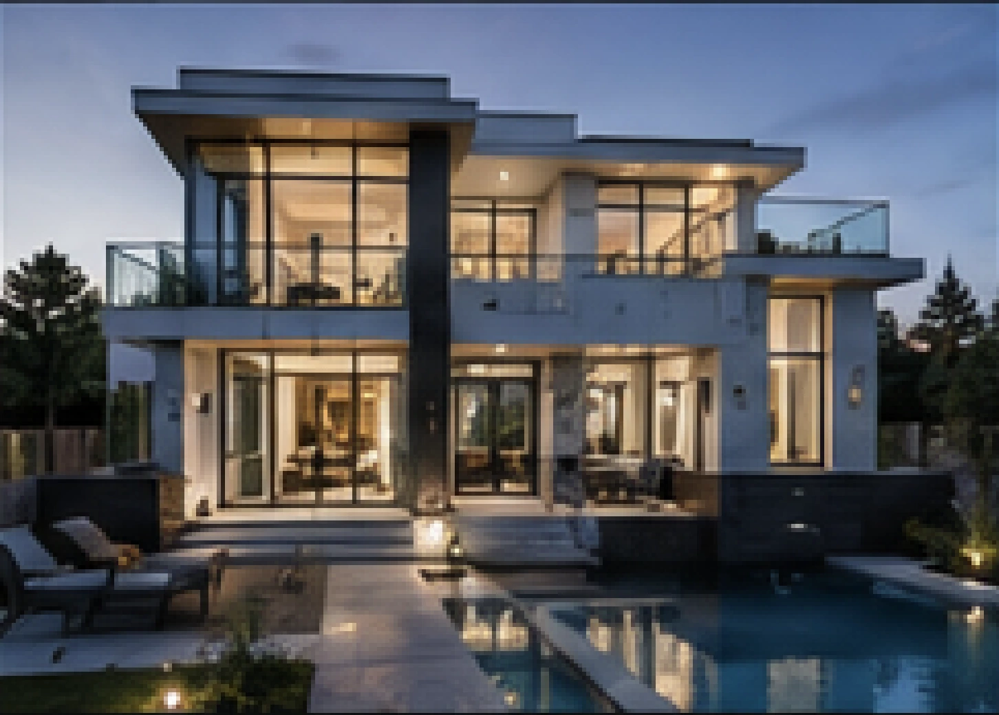 Contemporary luxury residence with pool at dusk
