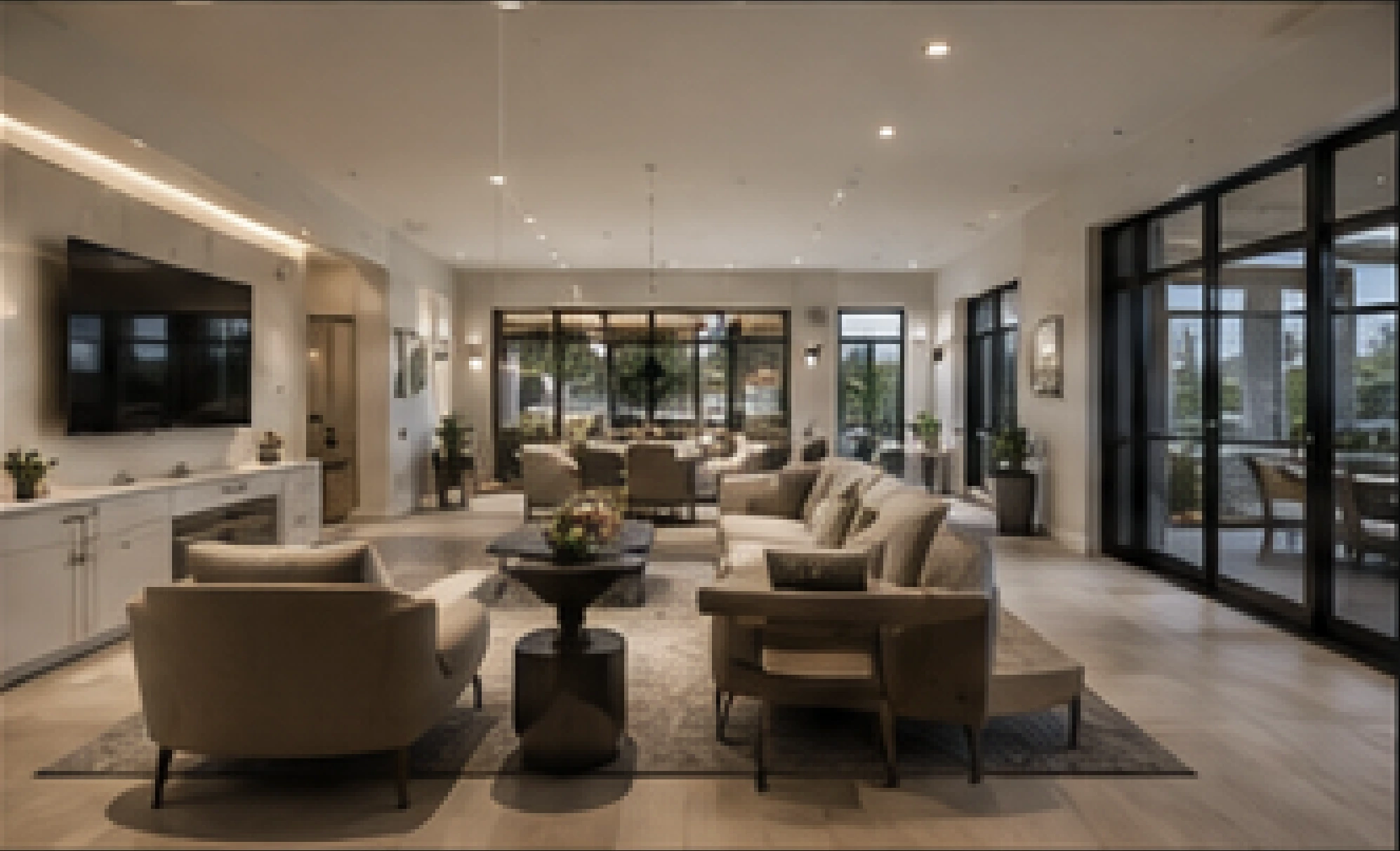 Open luxury living room remodel with large windows