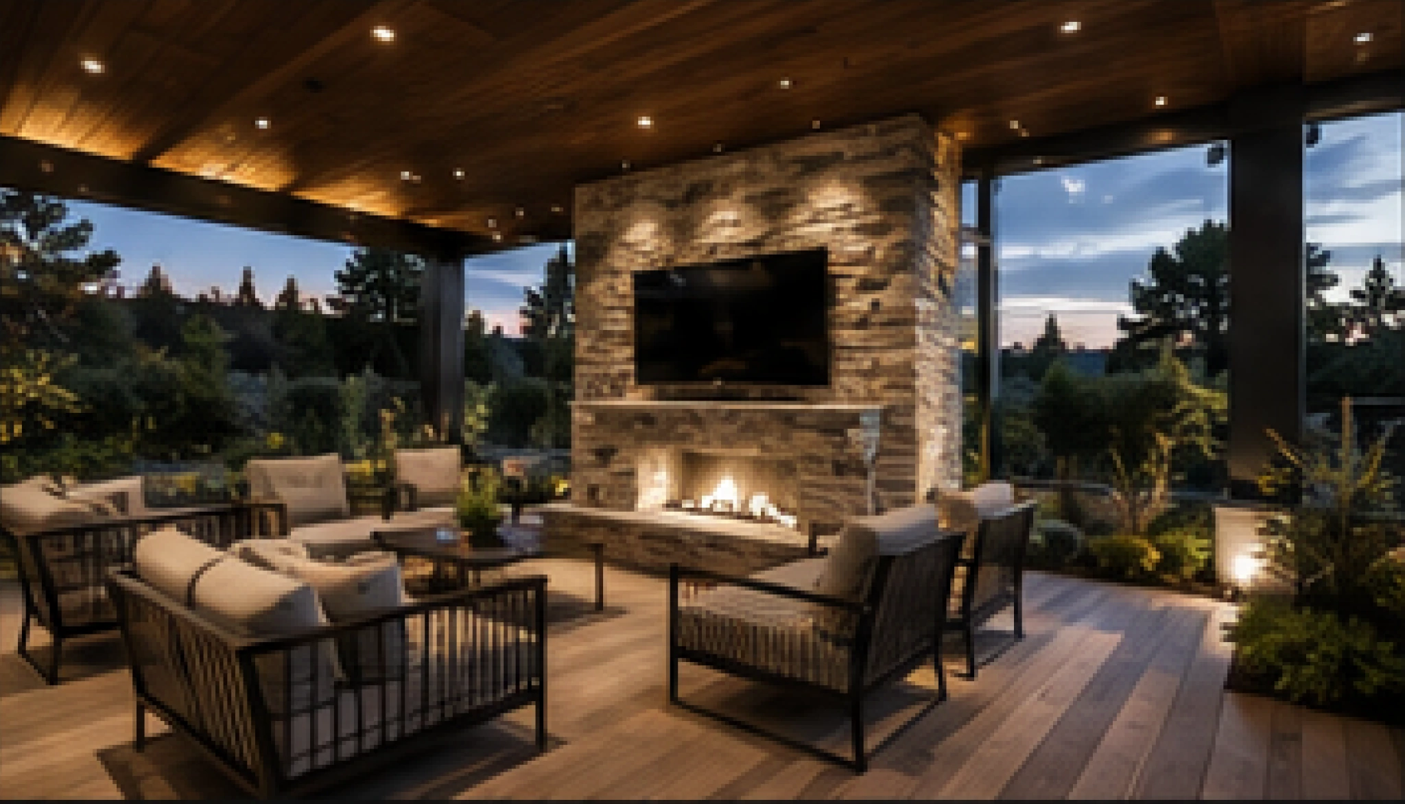 Covered luxury outdoor living area with fireplace